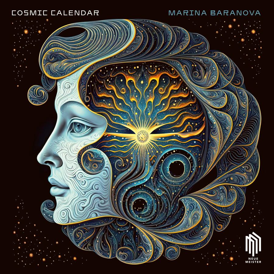 Cosmic Calendar Release-Cover „Cosmic Calendar“ von Pianistin Marina Baranova: detailreiche Illustration eines Gesichts mit kosmischen Mustern, warme Gold- und Blautöne, hohe Kontraste